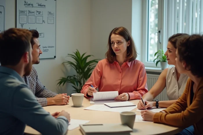 Équipe de quatre professionnels réunis autour d'une table pour un débriefing structuré avec formulaires imprimés après un événement.