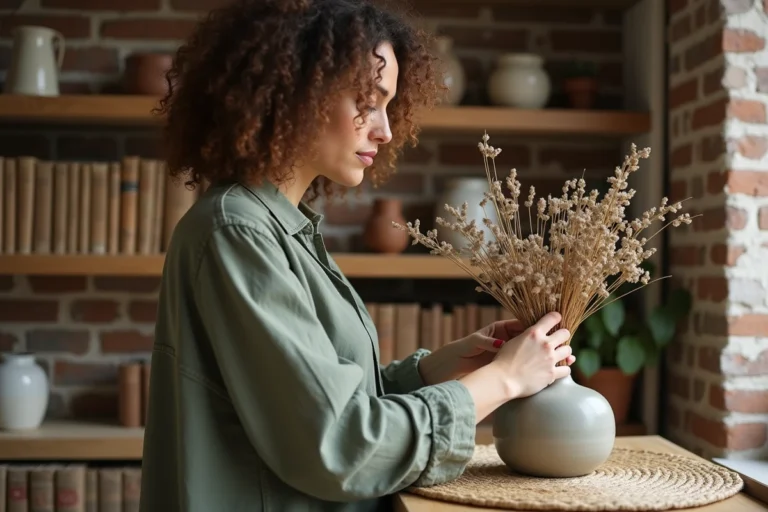 Femme arrangeant des fleurs séchées dans un vase en céramique artisanale sur une étagère en bois recyclé, dans un salon à décoration éthique et naturelle