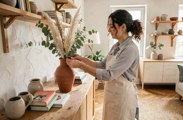Femme arrangeant des fleurs séchées dans un vase en terracotta dans un salon scandinave décoré avec goût