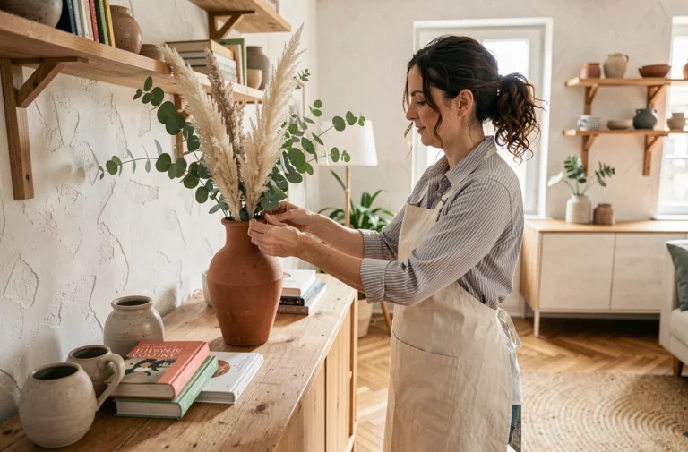 Femme arrangeant des fleurs séchées dans un vase en terracotta dans un salon scandinave décoré avec goût