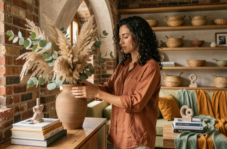 Femme arrangeant des herbes de la pampa dans un vase en céramique dans un salon décoré de matières naturelles et de tons ocre
