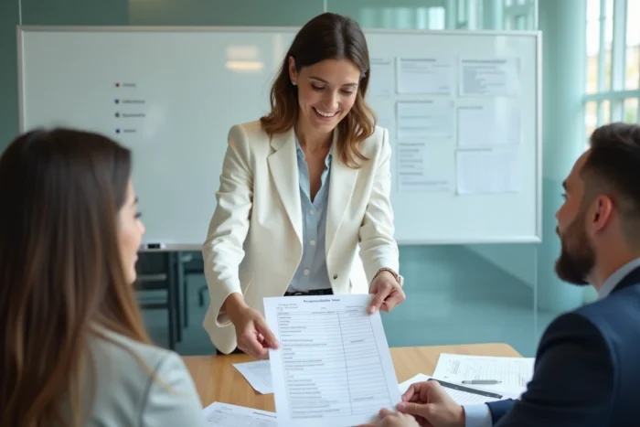 Responsable d'équipe remettant une fiche de responsabilité individuelle imprimée à un collaborateur lors d'une réunion de délégation.
