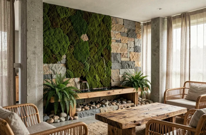 Salon conçu selon les principes du design biophilique avec mur de mousse, pierre naturelle et fontaine intégrée en bois