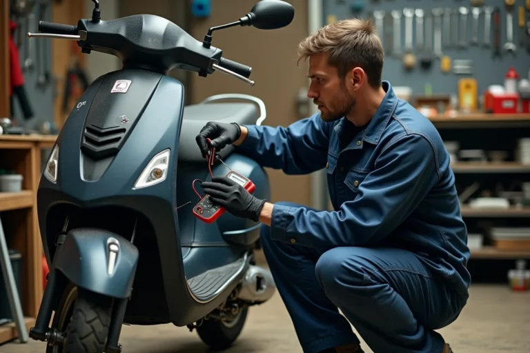 Mécanicien diagnostiquant une panne électrique sur une Magpower Avengers 125 avec un multimètre dans un atelier de réparation moto
