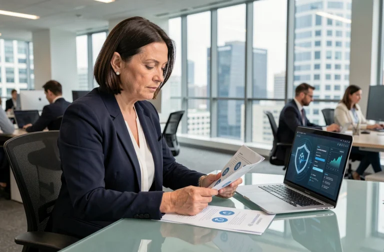 Dirigeante d'entreprise analysant une politique d'assurance cyber risques sur son bureau dans un bureau moderne