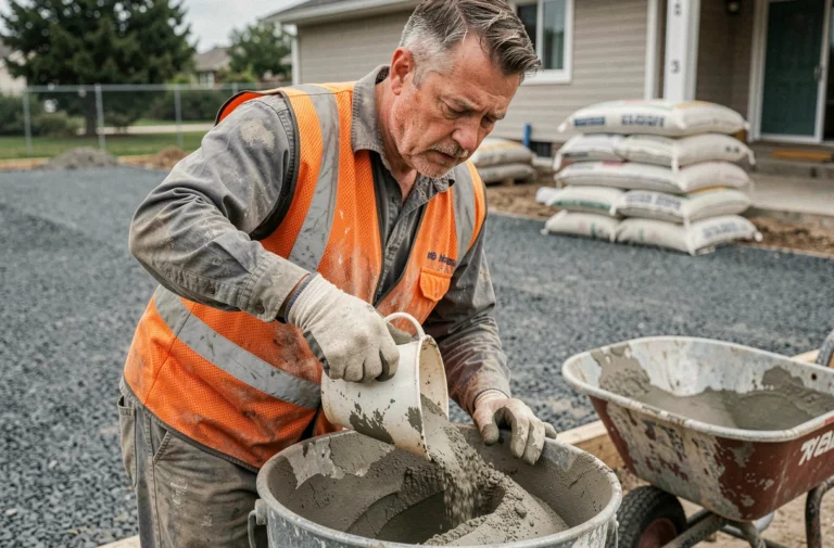 Ouvrier mesurant avec précision le dosage de ciment pour une dalle béton sur un chantier résidentiel