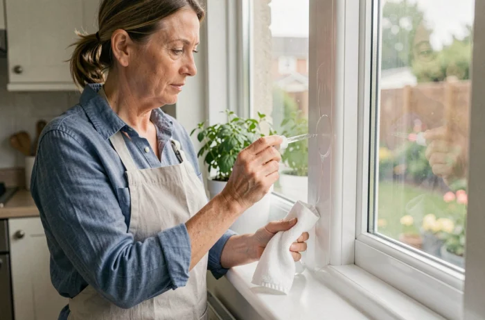 Femme appliquant un dissolvant sur une tache de colle sur un cadre de fenêtre en PVC blanc dans une cuisine moderne