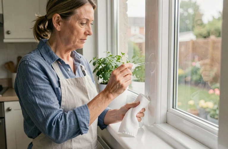 Femme appliquant un dissolvant sur une tache de colle sur un cadre de fenêtre en PVC blanc dans une cuisine moderne