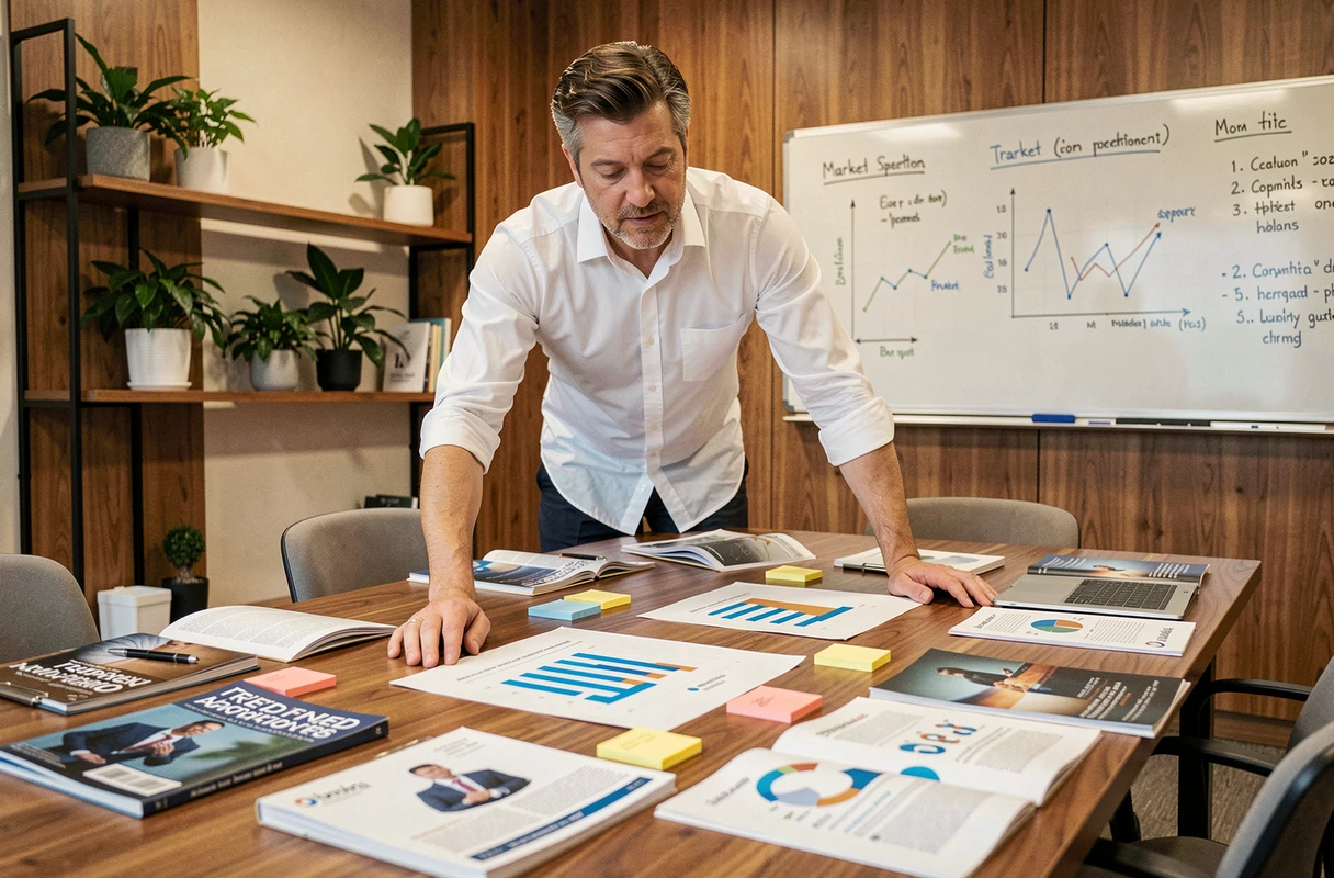Entrepreneur masculin analysant des magazines de tendances business et des rapports de marché sur une table de réunion moderne
