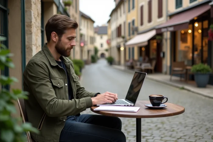 Entrepreneur travaillant en extérieur sur la place du village de Beynat avec un ordinateur portable