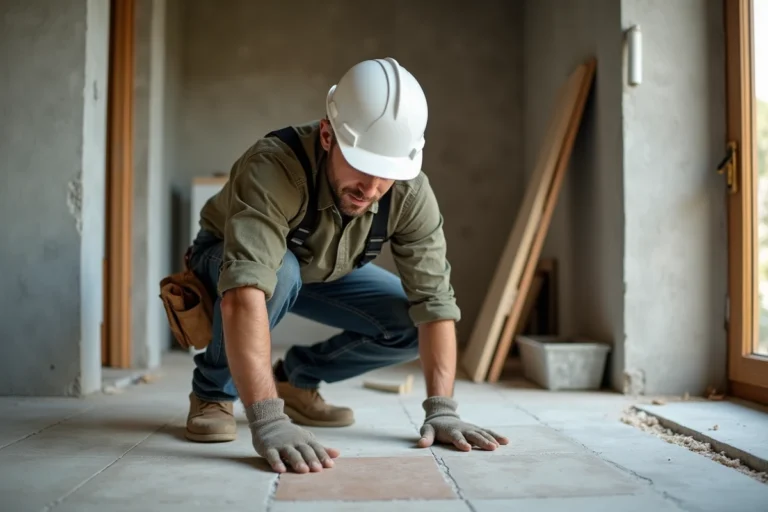 Entrepreneur en bâtiment inspectant un carrelage fraîchement posé dans une cuisine en cours de rénovation