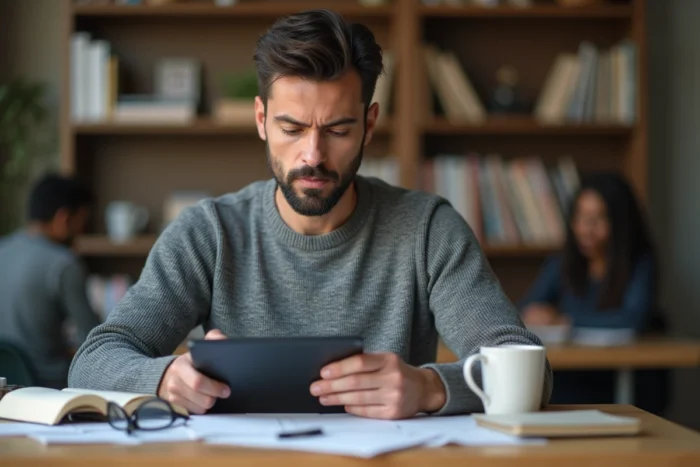 Entrepreneur concentré consultant des ressources business sur tablette dans un espace de coworking