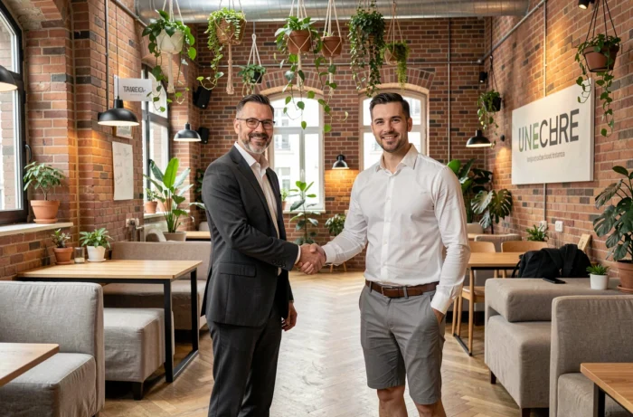 Dois empreendedores parisienses concluindo uma parceria comercial em um espaço de co-working moderno