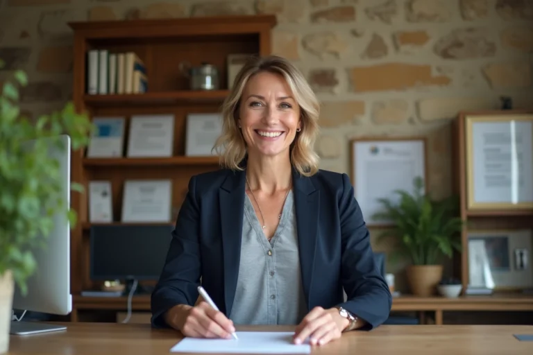 Femme entrepreneur dans un bureau artisanal à Beynat, Corrèze, consultant des documents professionnels