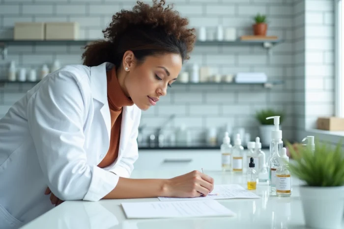 Femme entrepreneuse en blouse blanche formulant des produits cosmétiques dans un laboratoire moderne