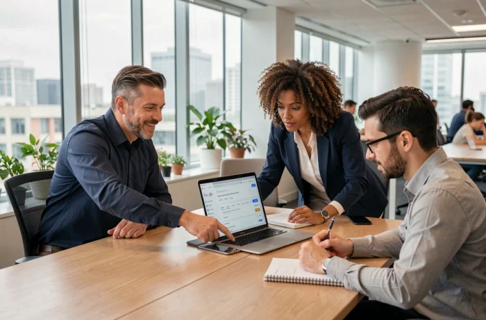 Une équipe de professionnels discutant d'une stratégie SEO autour d'un ordinateur portable en open space