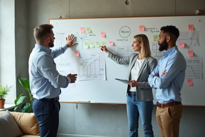 Équipe professionnelle en réunion stratégique autour d'un tableau blanc pour développer leur entreprise
