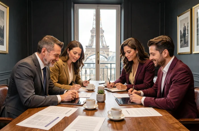 Equipe profissional em reunião estratégica em uma sala de conferência em Paris com vista para a Torre Eiffel