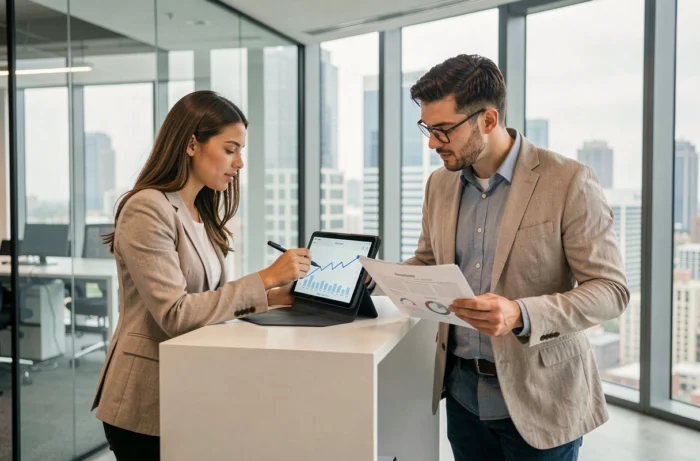 Équipe de jeunes professionnels analysant une stratégie de croissance pour leur business en ligne avec une tablette dans un bureau moderne