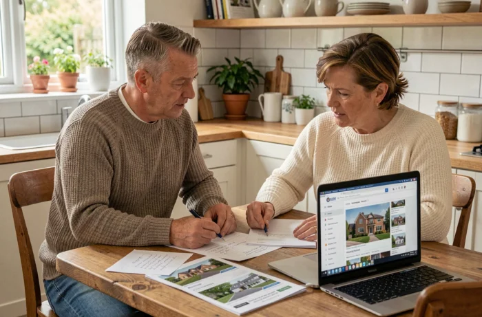 Casal de proprietários analisando documentos de estimativa imobiliária em sua cozinha
