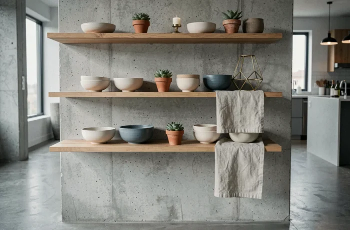 Étagère ouverte décorée avec des céramiques artisanales, des plantes succulentes et des accessoires dorés dans un appartement moderne