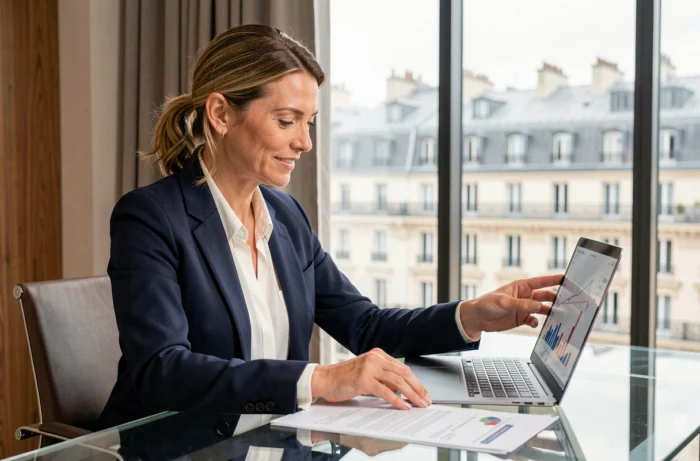 Femme d'affaires professionnelle analysant des données dans un bureau parisien moderne pour booster son entreprise