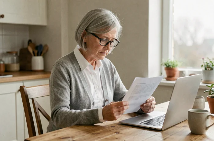 Femme âgée portant des lunettes de lecture sans ordonnance à son domicile en France