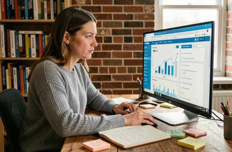 Une femme analyste SEO travaillant sur un tableau de bord d'analytique web depuis son bureau à domicile