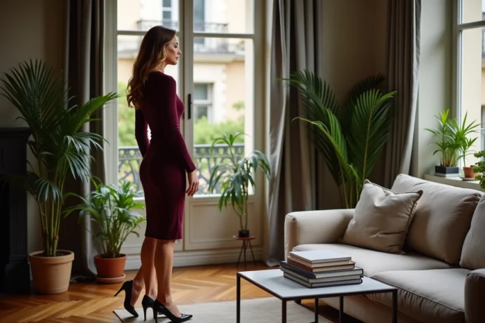 Femme raffinée dans un appartement parisien élégant, évoquant l'intimité et la vie privée d'un couple contemporain
