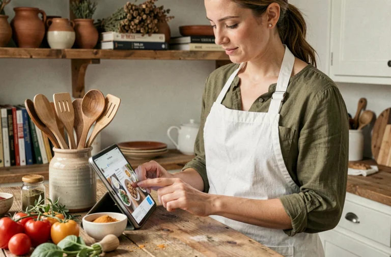 Femme consultant une application de cuisine sur tablette dans une cuisine rustique chaleureuse avec des ingrédients frais posés sur un îlot en bois
