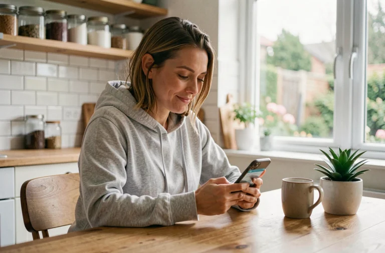 Femme utilisant une application de santé sur smartphone dans une cuisine moderne pour optimiser son bien-être