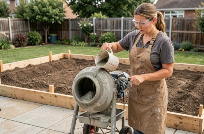 Femme dosant l'eau dans une bétonnière électrique pour couler une dalle béton dans un jardin