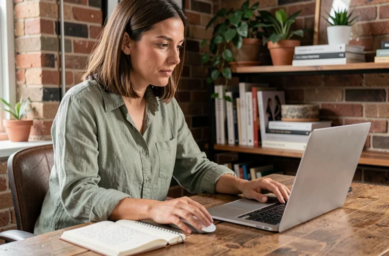 Femme travaillant sur son ordinateur portable dans un bureau à domicile, explorant des ressources web pour booster sa créativité et sa productivité