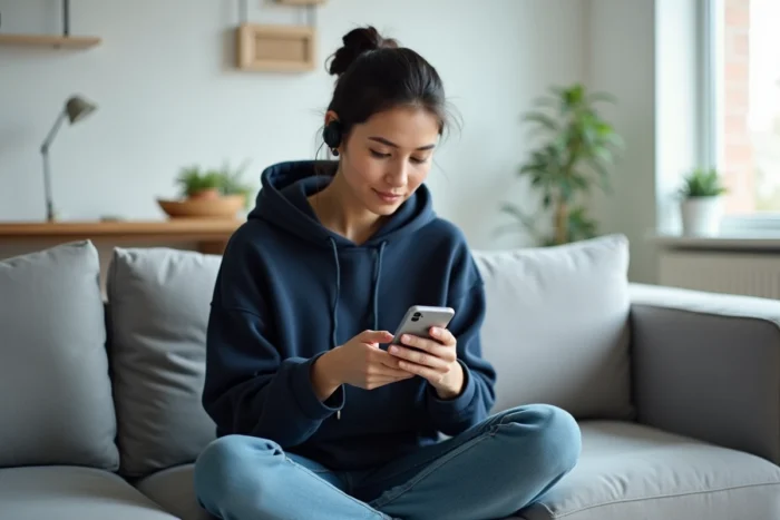Femme assise sur un canapé connectant un casque Sony Bluetooth à son smartphone dans un salon scandinave