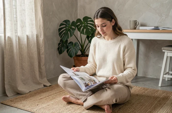 Jeune femme consultant un catalogue de décoration intérieure assise sur un tapis en jute dans un bureau maison