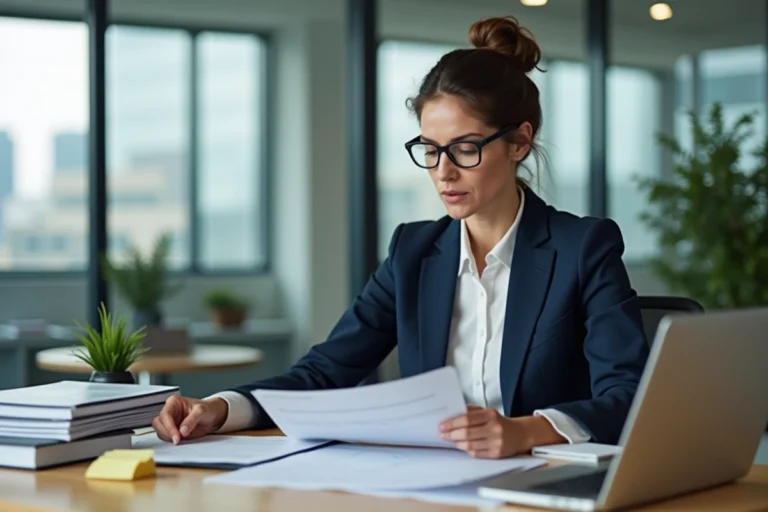 Femme cheffe d'entreprise analysant des ressources business sur son bureau dans un open space moderne