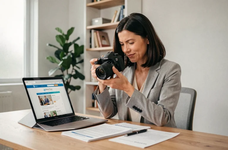 Femme comparant des offres d'assurance pour appareil photo professionnel à son bureau à domicile