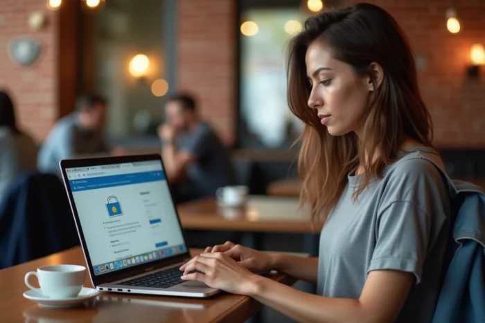 Femme utilisant un proxy sécurisé sur son laptop dans un café urbain moderne