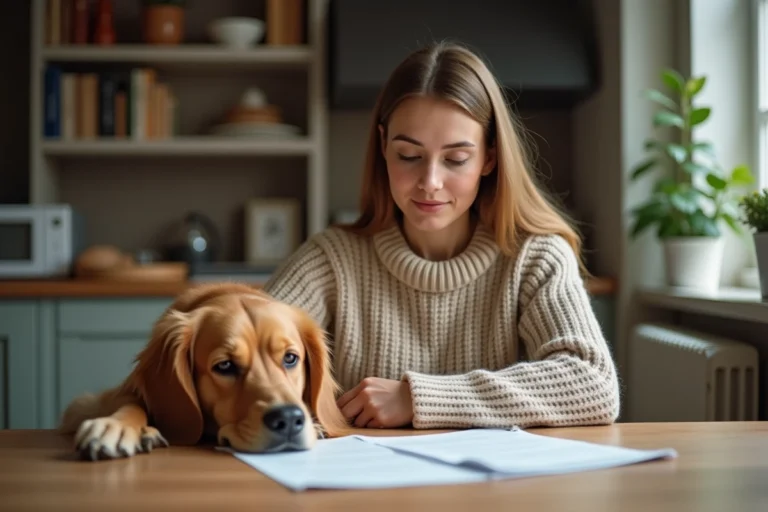 Femme consultant un contrat d'assurance animaux avec son golden retriever dans une cuisine moderne