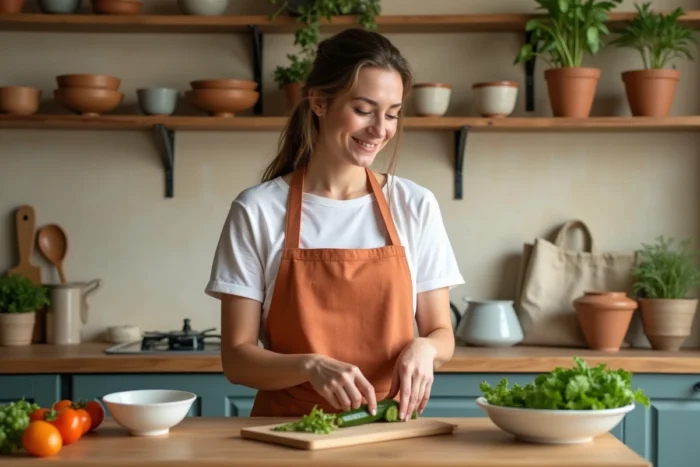 Femme préparant un repas sain dans une cuisine rustique moderne comme conseil de bien-être alimentaire au quotidien