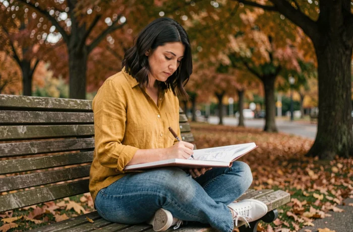 Femme dessinant dans un carnet dans un parc en automne, activité créative de loisir en plein air