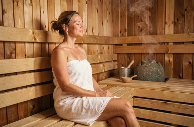 Femme détendue dans un sauna traditionnel en bois de pin, profitant des bienfaits de la chaleur pour son bien-être quotidien