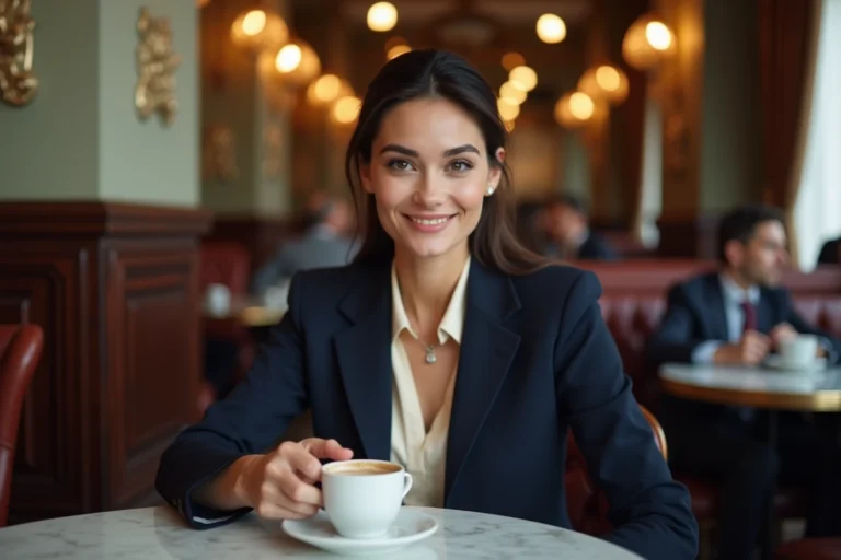 Femme élégante parisienne attablée dans une brasserie, illustrant la vie de couple et le raffinement à la française
