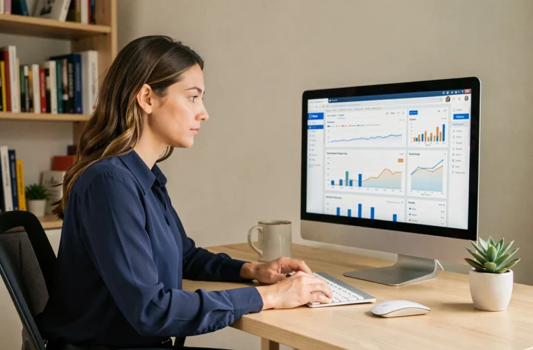 Femme entrepreneur analysant les performances de son business en ligne sur un ordinateur dans un bureau à domicile moderne