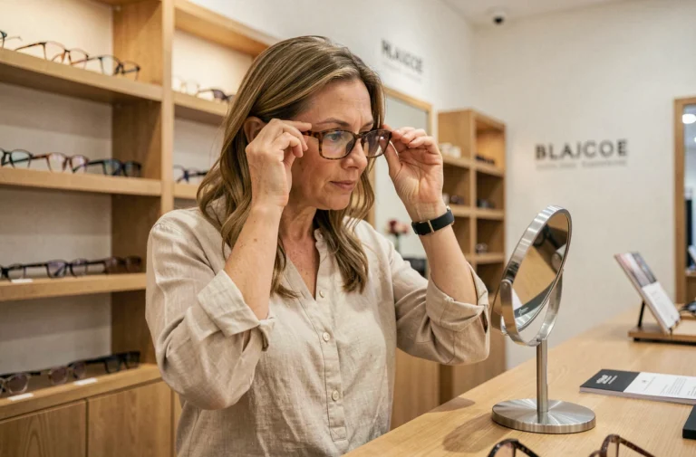 Femme essayant des lunettes sans ordonnance dans une boutique d'optique française
