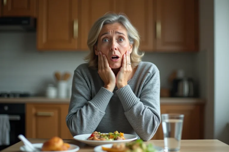 Femme adulte portant ses mains à sa gorge en signe d'étouffement dans une cuisine domestique