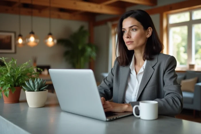 Une femme consulte son portefeuille d'investissement sur un ordinateur portable dans une cuisine moderne, symbolisant la gestion intelligente du patrimoine depuis son domicile en 2024