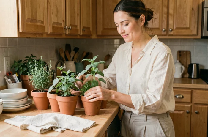 Femme arrangeant des herbes aromatiques en pots sur un plan de travail en bois dans une cuisine naturelle et bien-être