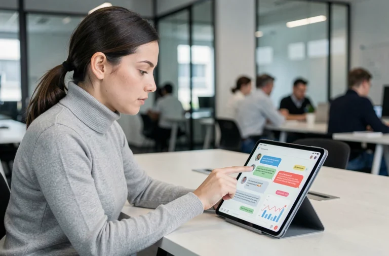 Femme utilisant une interface IA sur tablette dans un bureau moderne en 2026