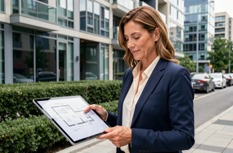 Femme investisseur immobilier analysant des plans devant un immeuble résidentiel moderne en ville